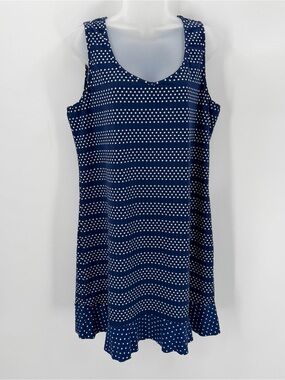 Lands End Swim Dress Women’s L 14-16 Navy Blue Polka Dot Sundress Quick Dry READ